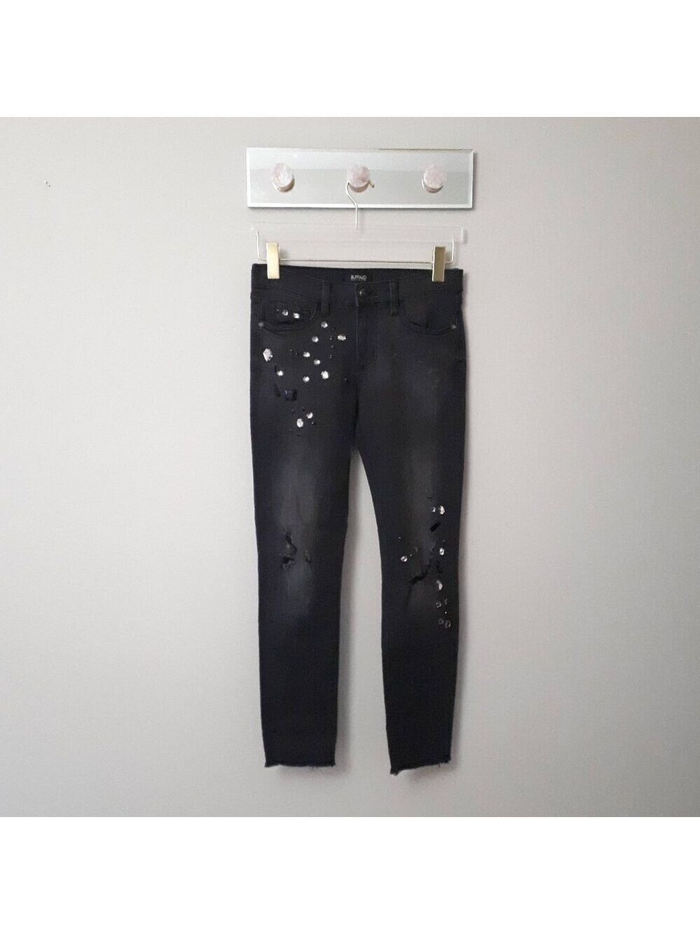 EUC Buffalo black denim mid rise skinny stretch crystal embellished jeans, 27